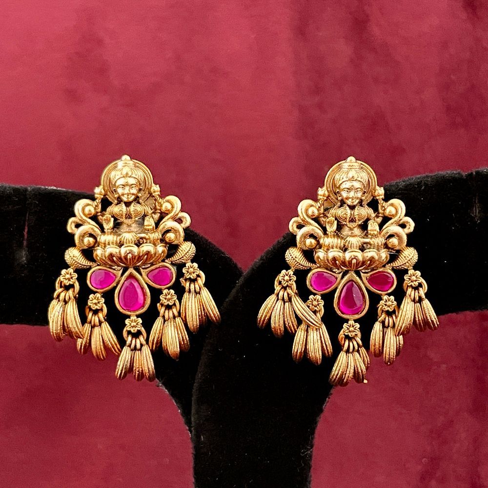 Matte Gold-Plated Ruby Stone-Studded Goddess Lakshmi Earrings