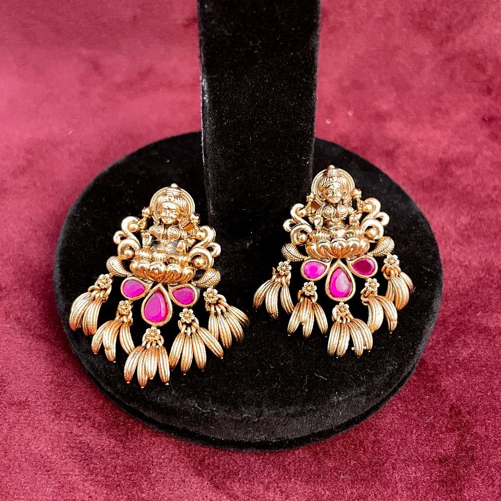 Matte Gold-Plated Ruby Stone-Studded Goddess Lakshmi Earrings