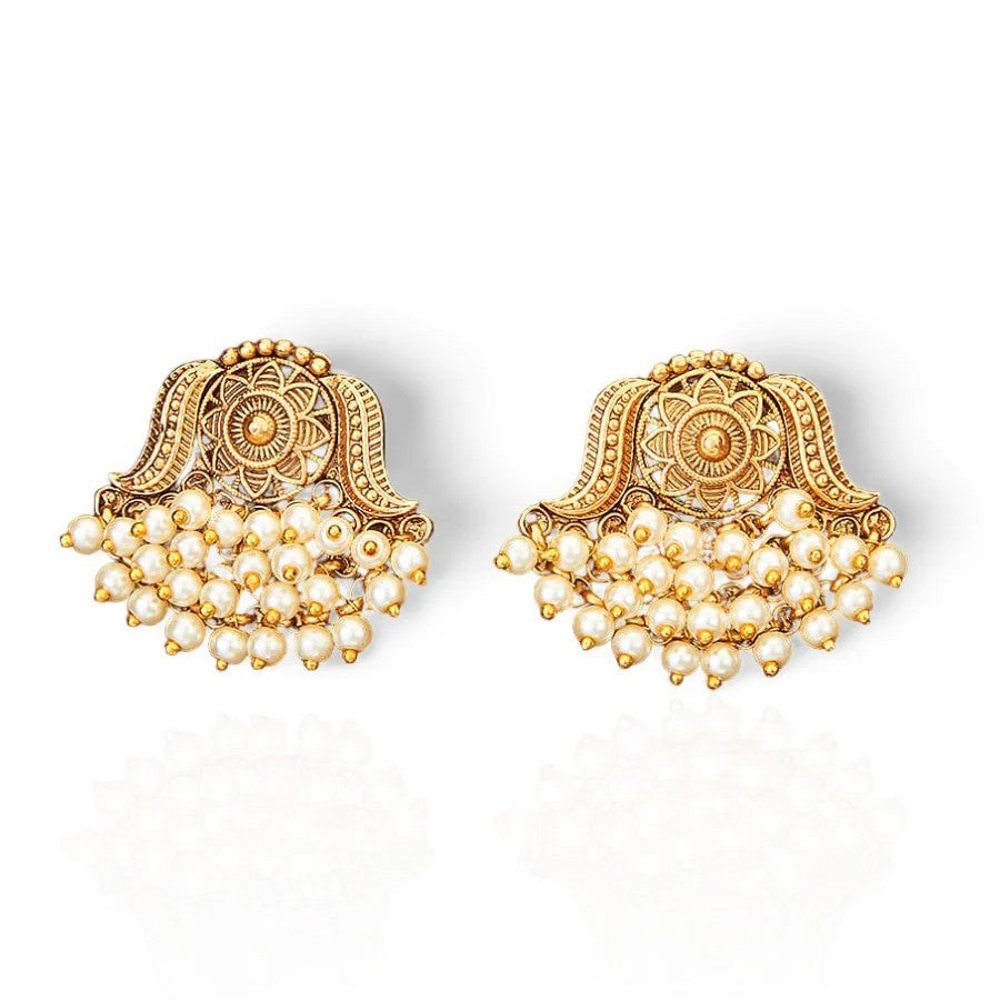 Matte Gold-Toned Pearl Studded Antique Earrings (MERTOP62)