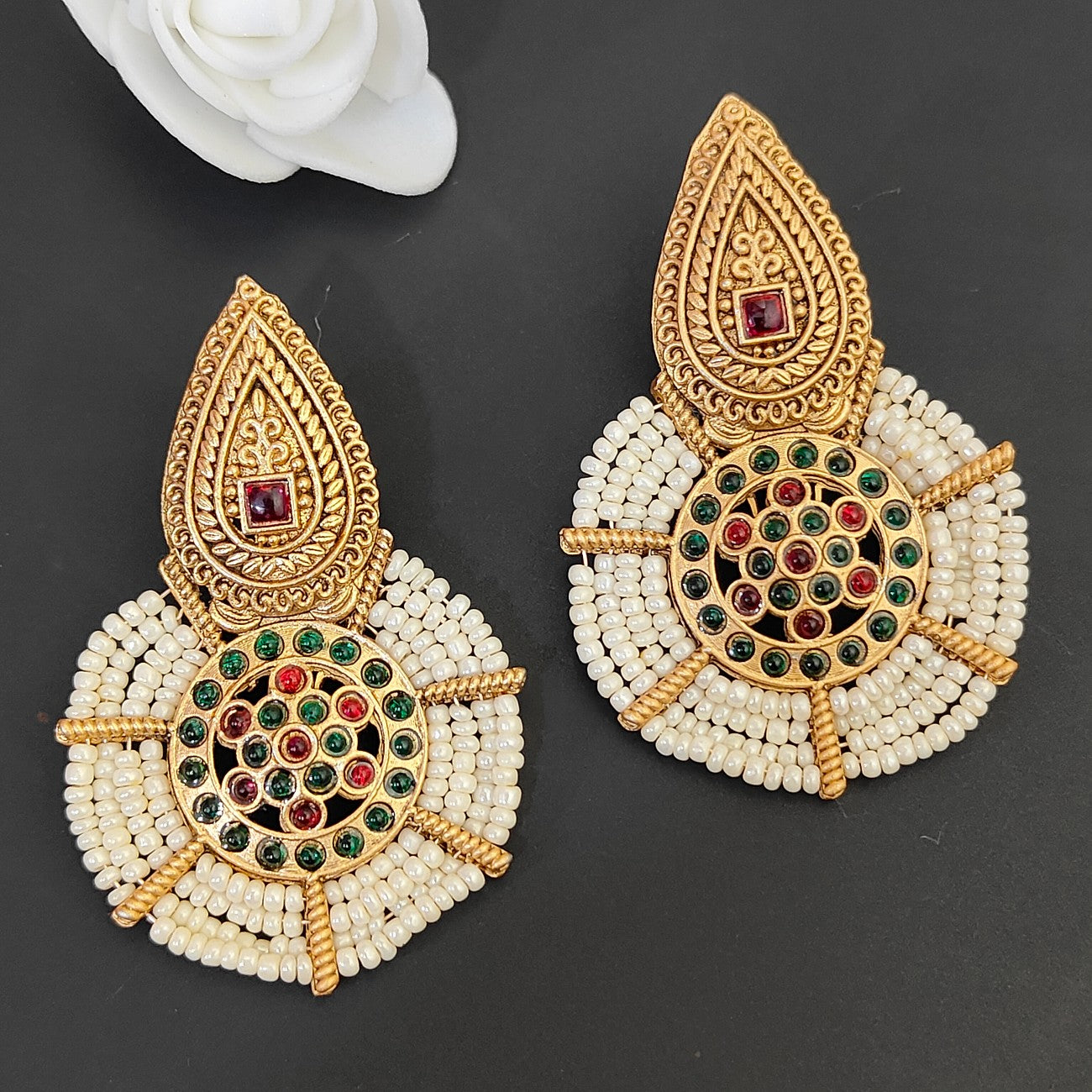 Matte Gold-Toned Traditional Kemp Indian Earrings, Masakali White Beaded Drop Earrings (MKHU1009)