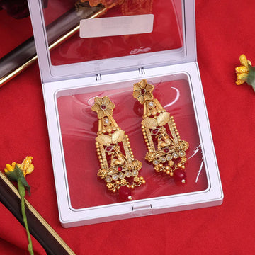 Matte Gold-plated Lord Krishna Dangle Earrings, Stone Studded Rajwadi Earrings For Women, Maroon (MJPM1026)