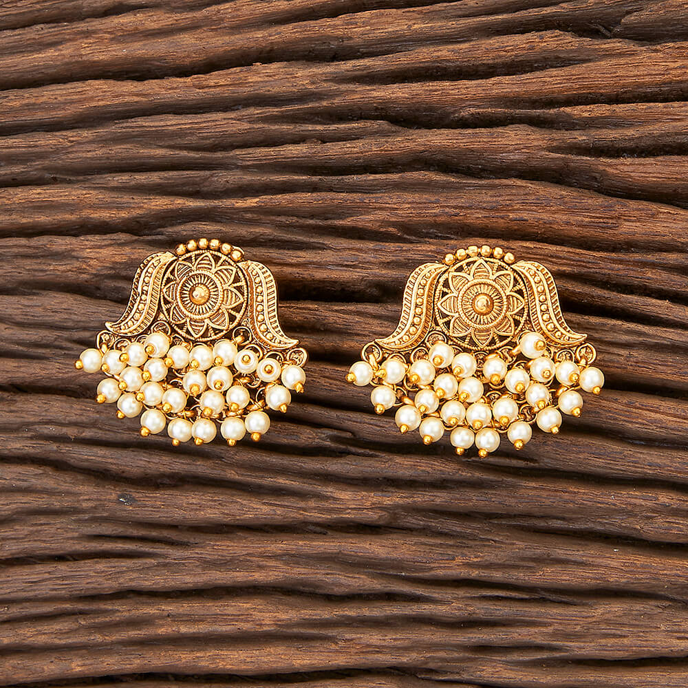 Matte Gold-toned Antique Earrings, Pearl Studded Earrings