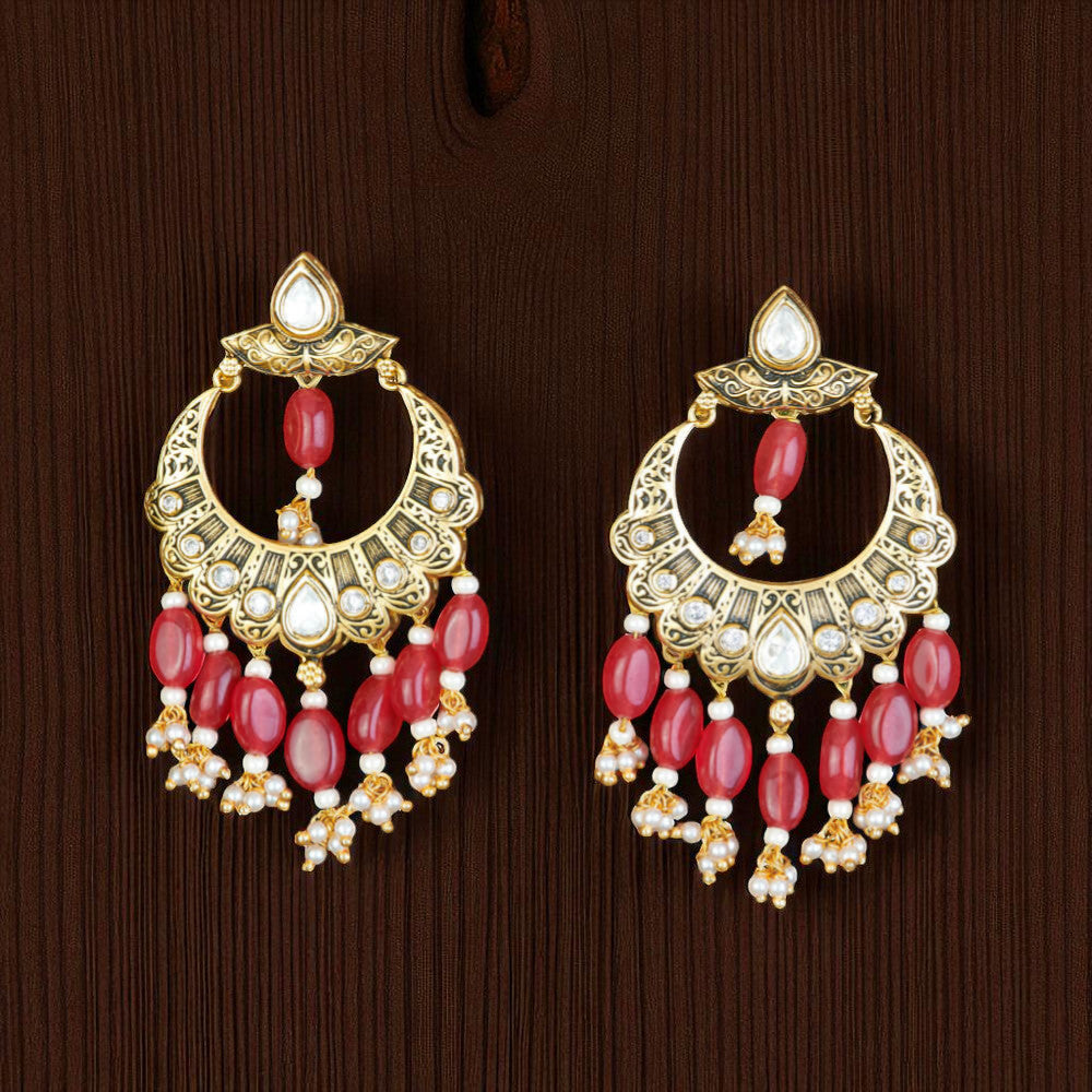 Matte Gold Kundan Studded Pearl Beaded Chandbali Earrings - Ruby