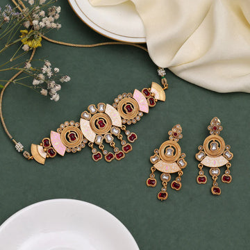 Meenakari Choker Necklace Set For Women, Matte Gold-plated Kundan Necklace With Earrings, Rani (MJPM1005)