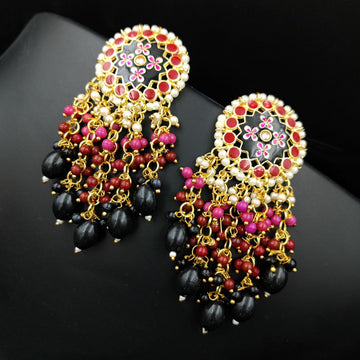 Meenakari Jhumka Gold-Plated Pearls And Black Beaded Kundan Earrings (MDCR1002)