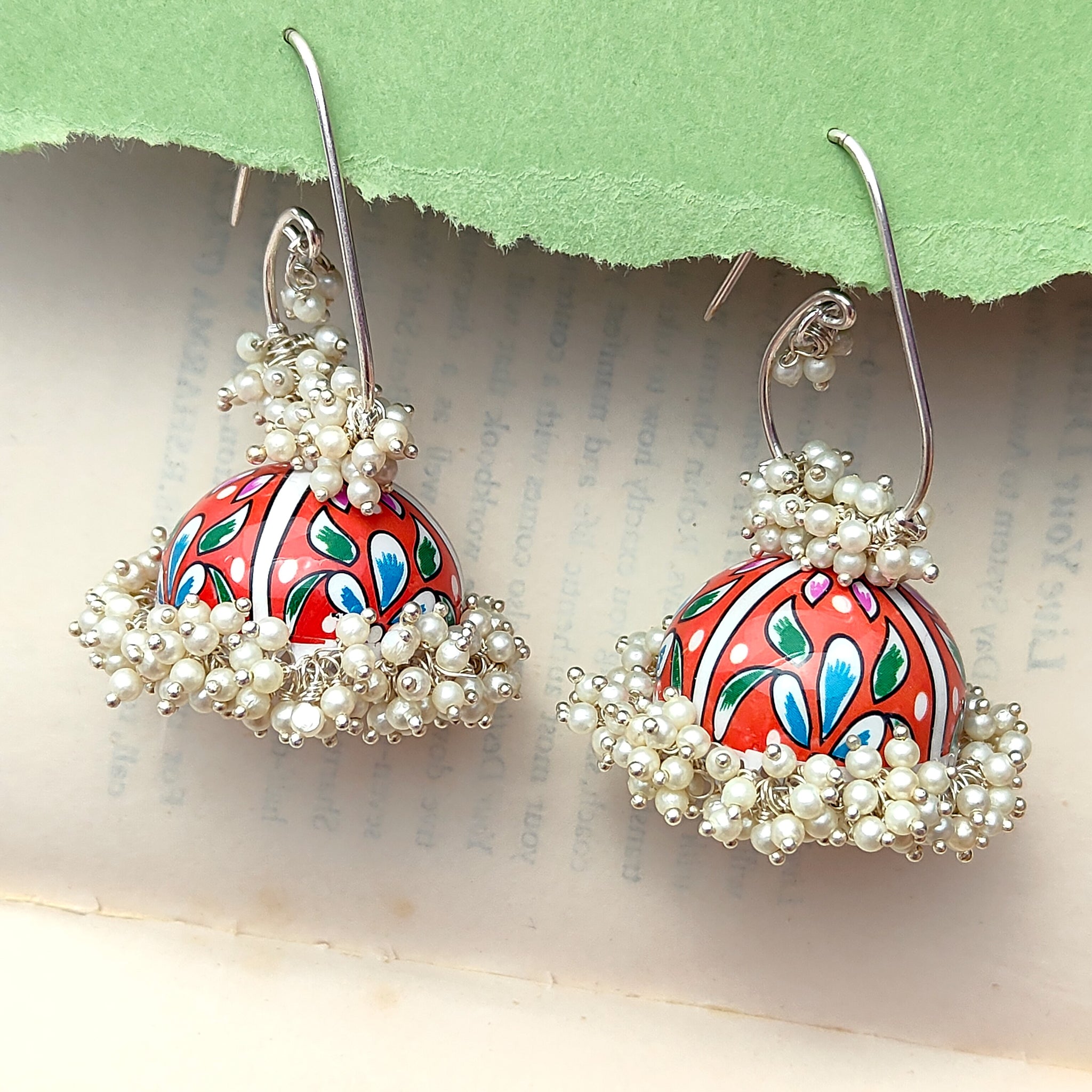 Handpainted Meenakari Work Beaded Floral Earrings, Mogra Style Enameled Designer Jhumka (MKMH1009)