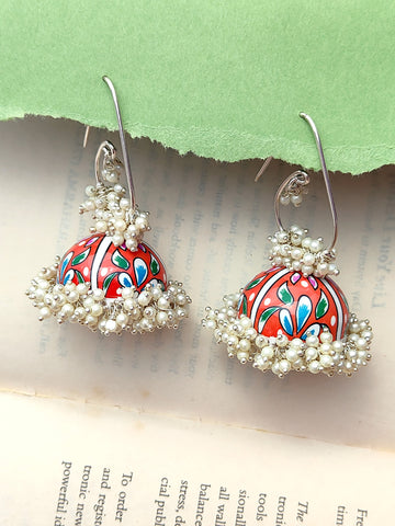 Handpainted Meenakari Work Beaded Floral Earrings, Mogra Style Enameled Designer Jhumka (MKMH1009)