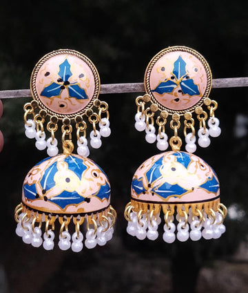 Meenakari Work Gold-plated Leaf Design Jhumka, Lightweight Handpainted Earrings (MKMH1017)