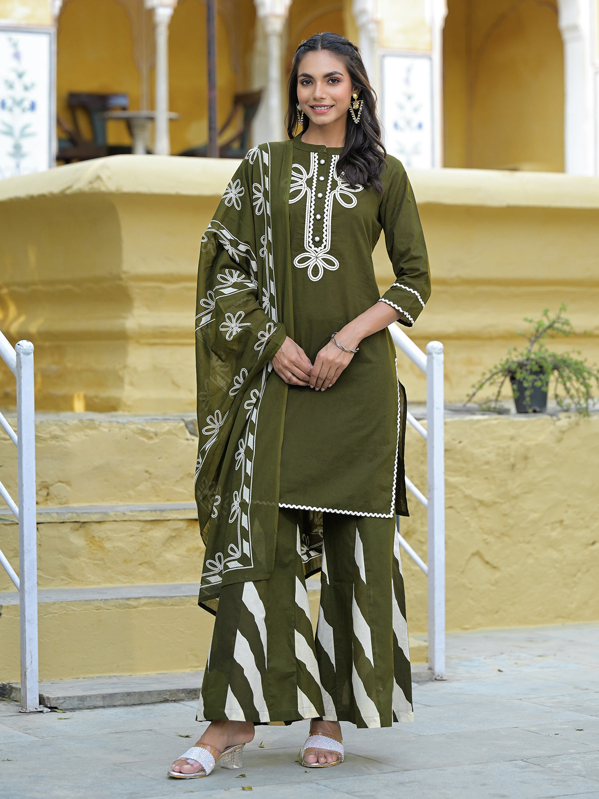 Mehendi Green Mul Cotton Kurta Set With Palazzo & Dupatta
