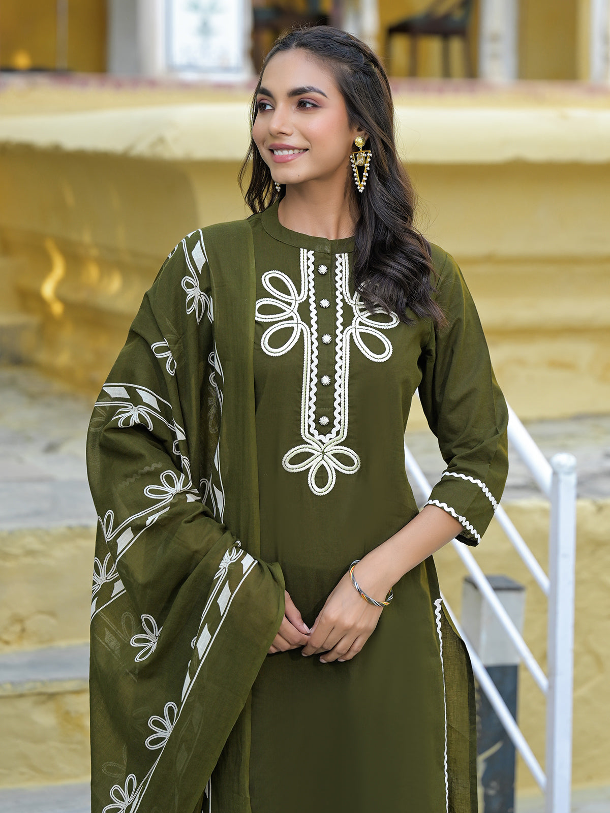Mehendi Green Mul Cotton Kurta Set With Palazzo & Dupatta