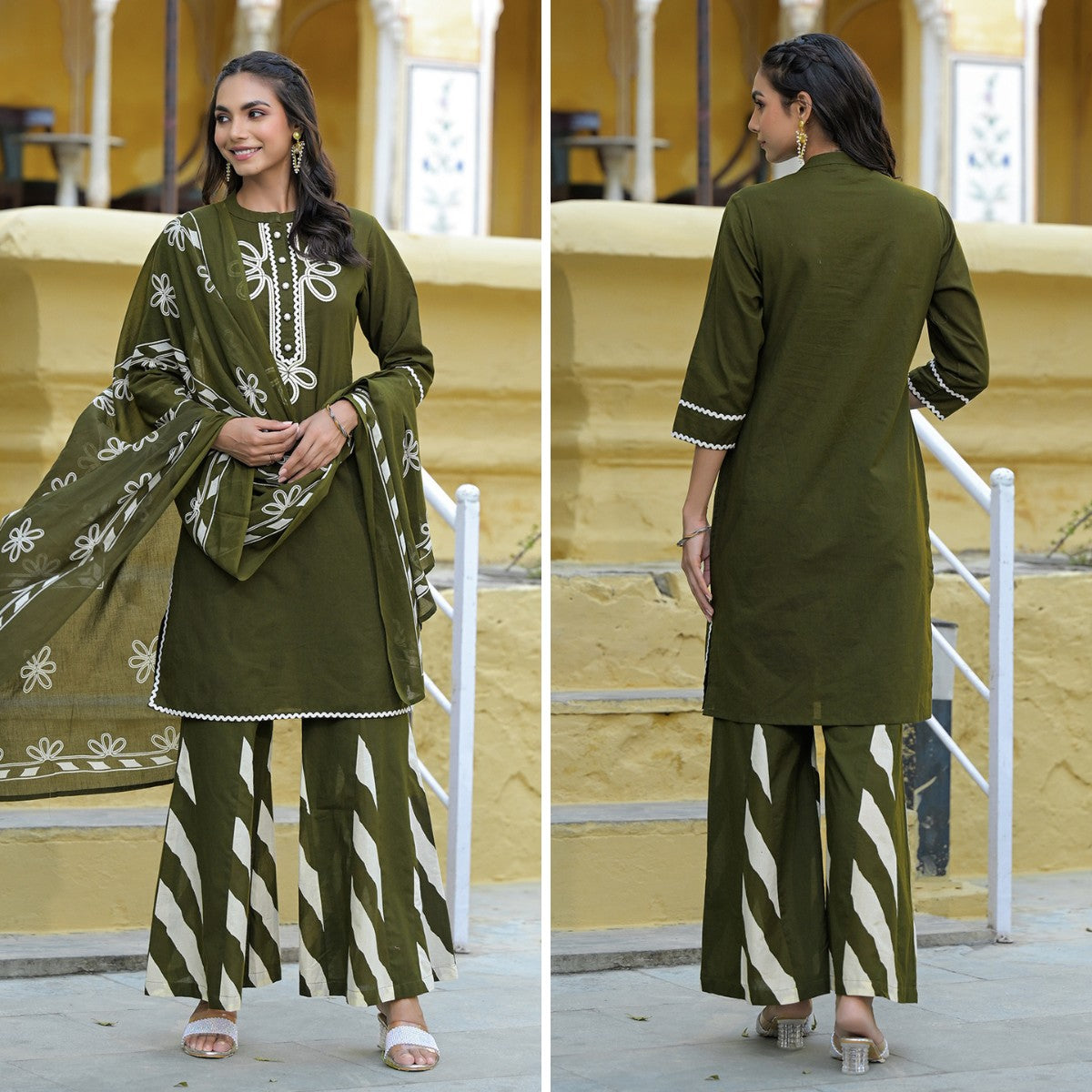 Mehendi Green Mul Cotton Kurta Set With Palazzo & Dupatta