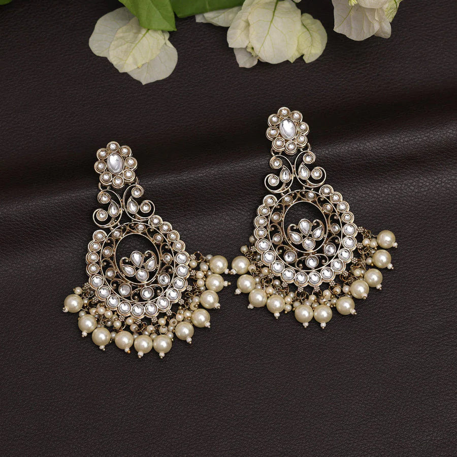 Mehndi Gold-Plated Pearl & Kundan Designer Dangler Earrings