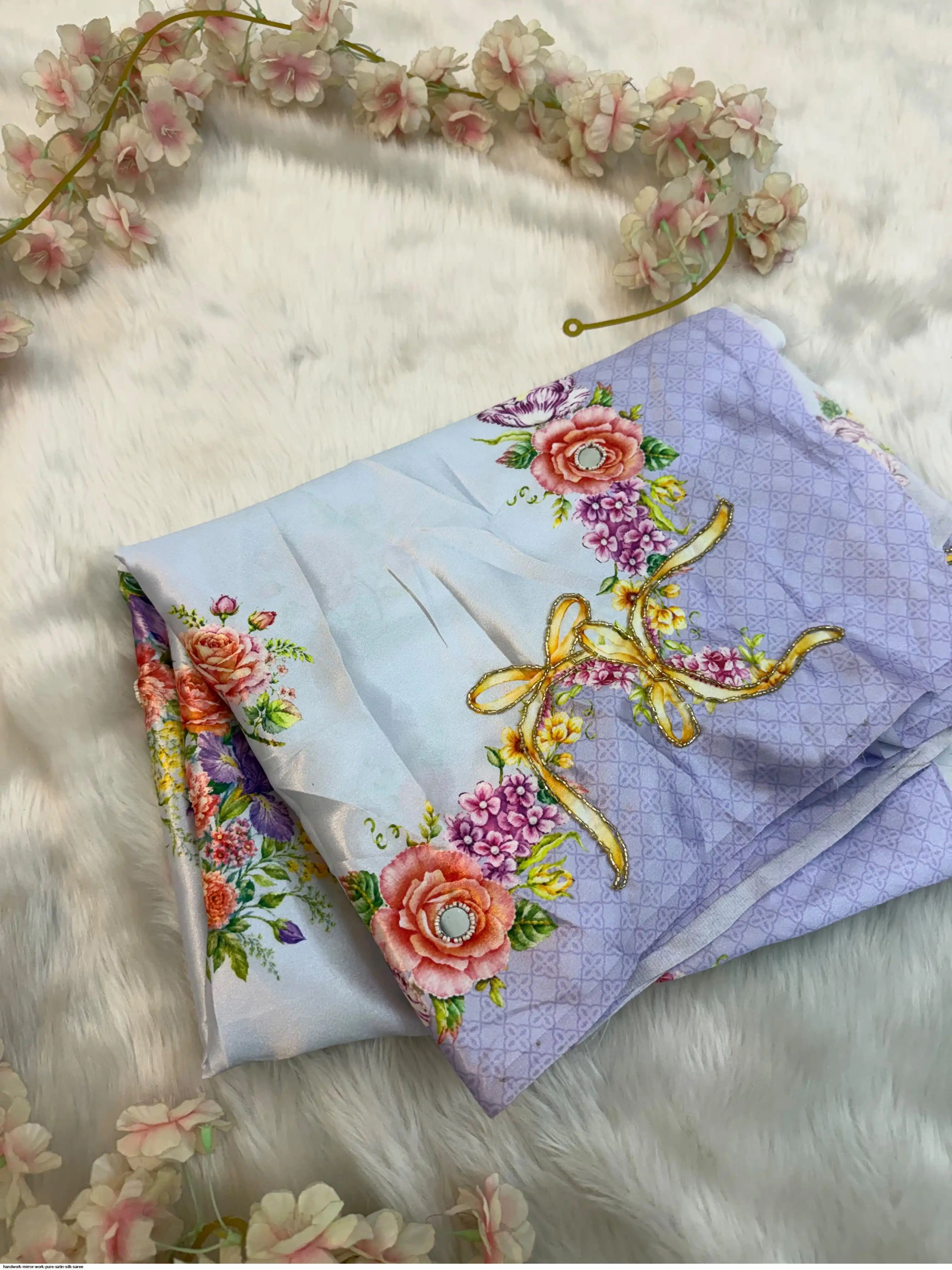 Mirror Work Lilac Pure Satin Floral Saree