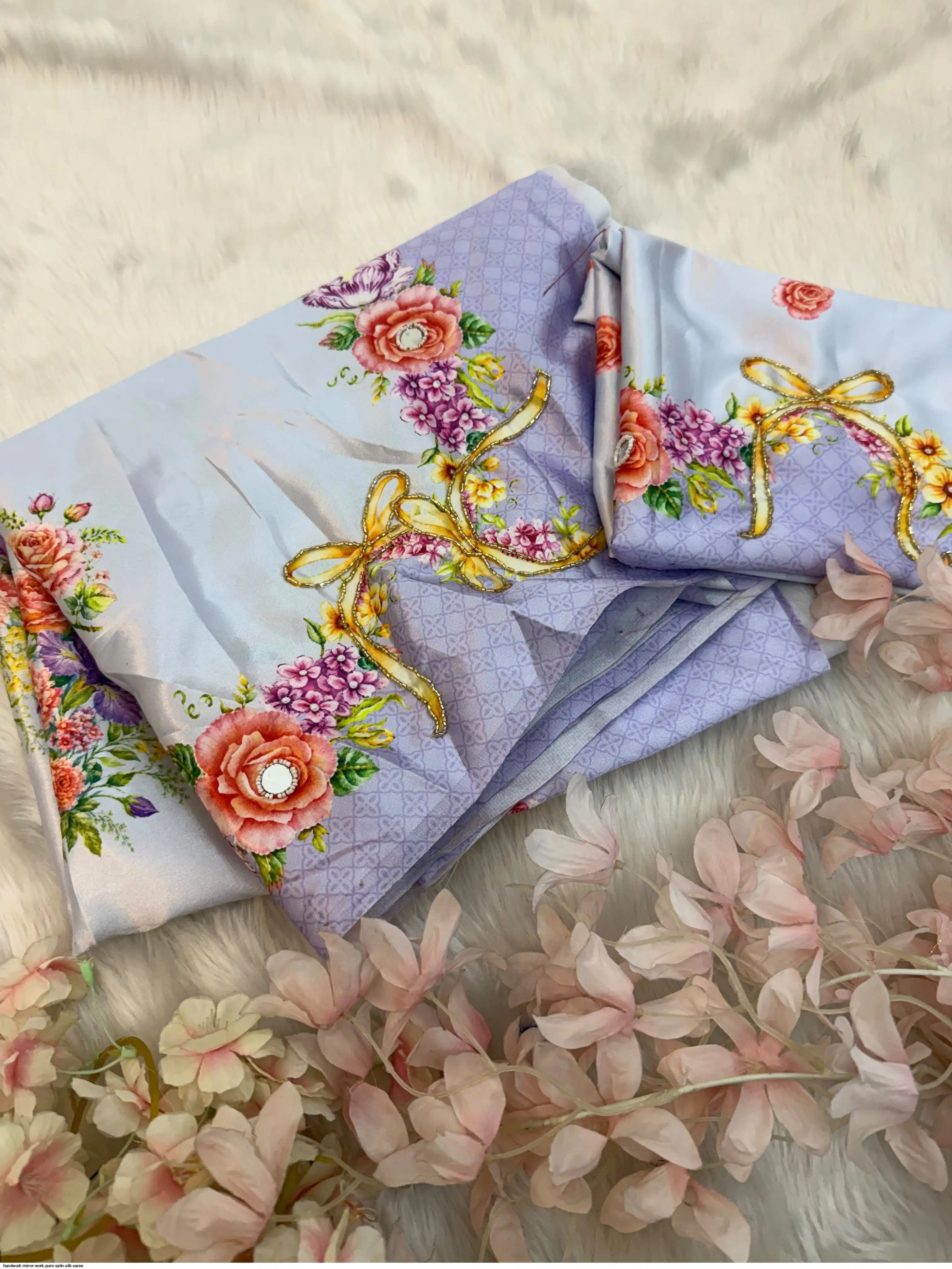 Mirror Work Lilac Pure Satin Floral Saree