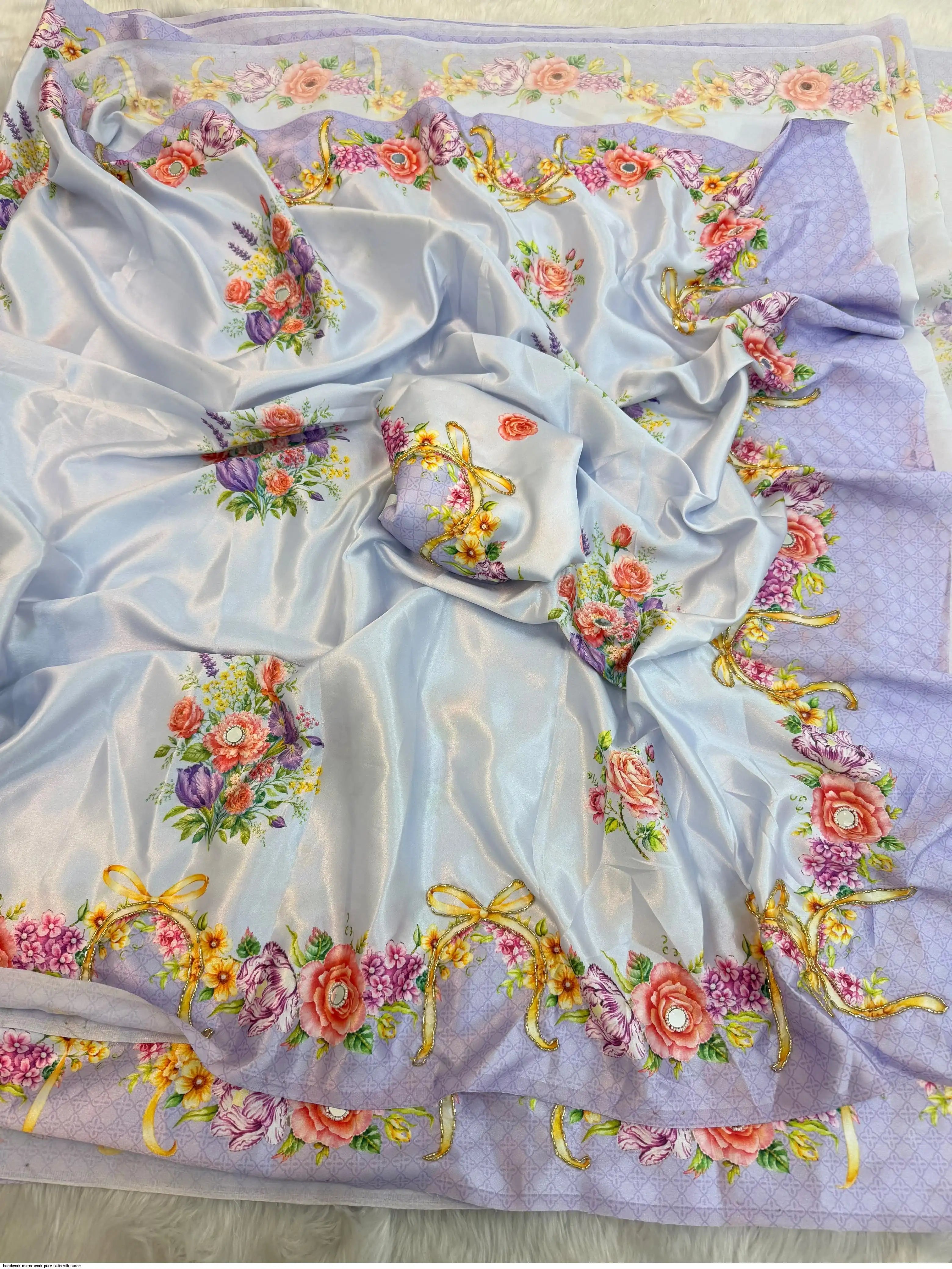 Mirror Work Lilac Pure Satin Floral Saree