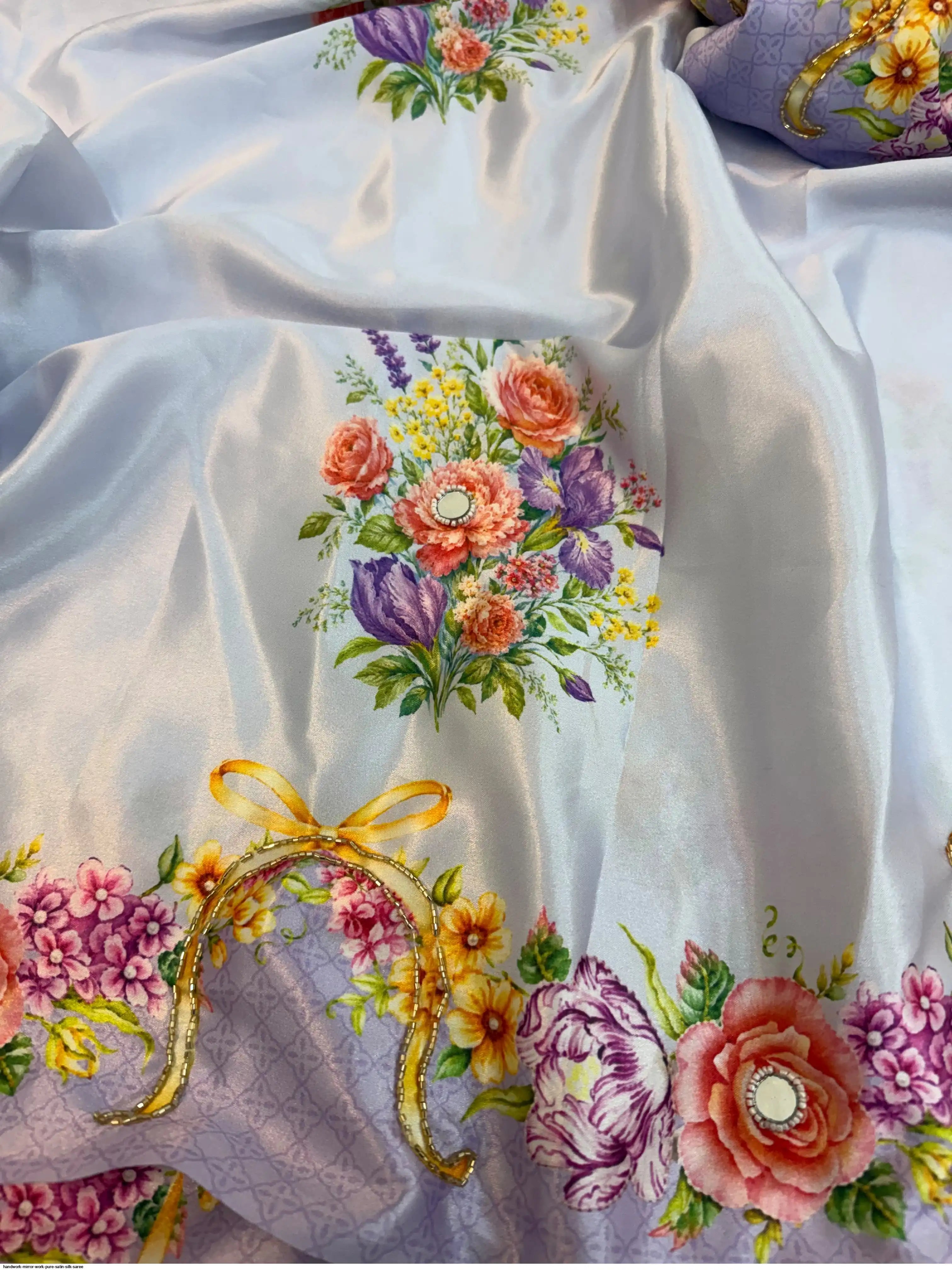 Mirror Work Lilac Pure Satin Floral Saree