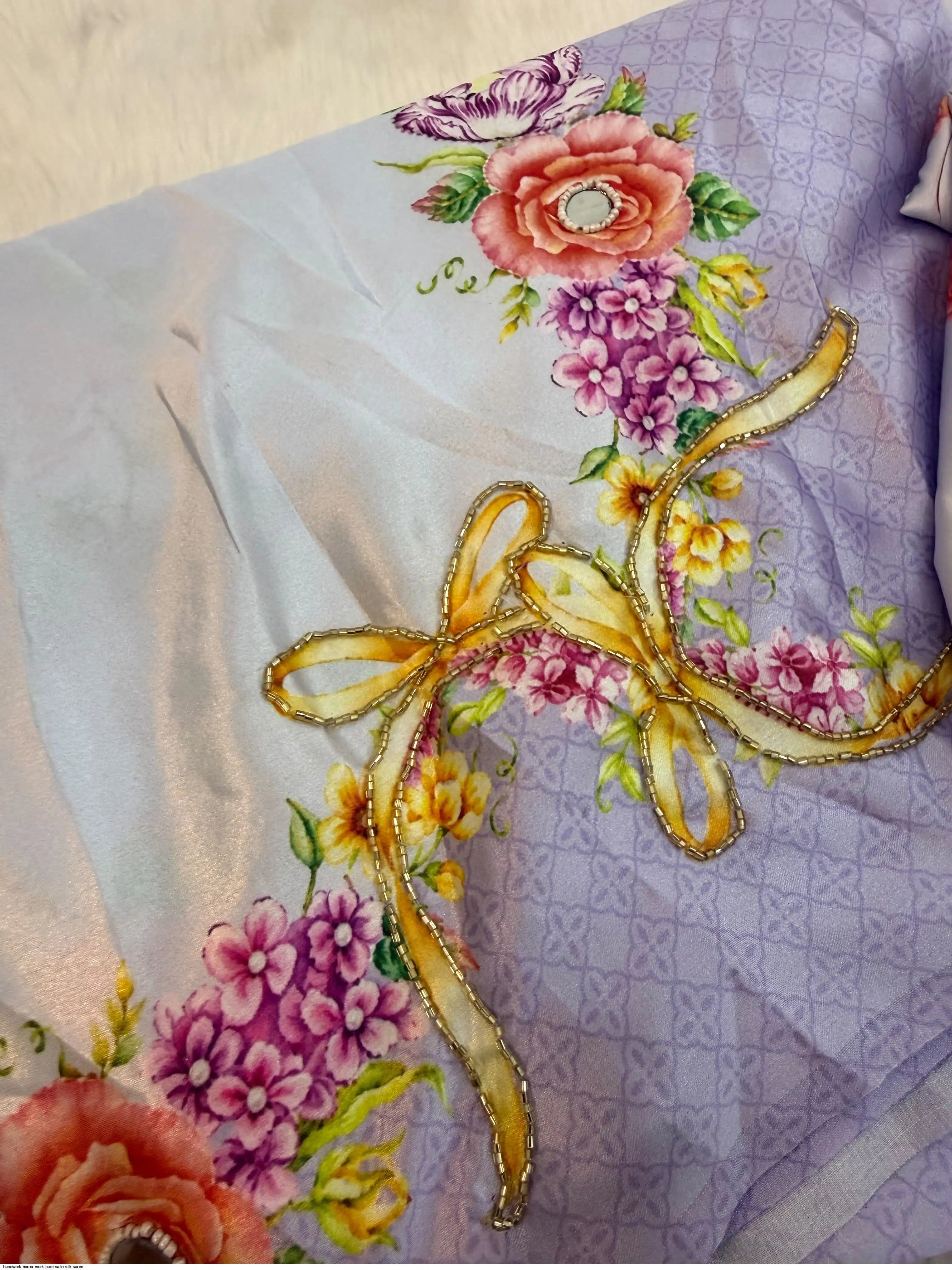 Mirror Work Lilac Pure Satin Floral Saree