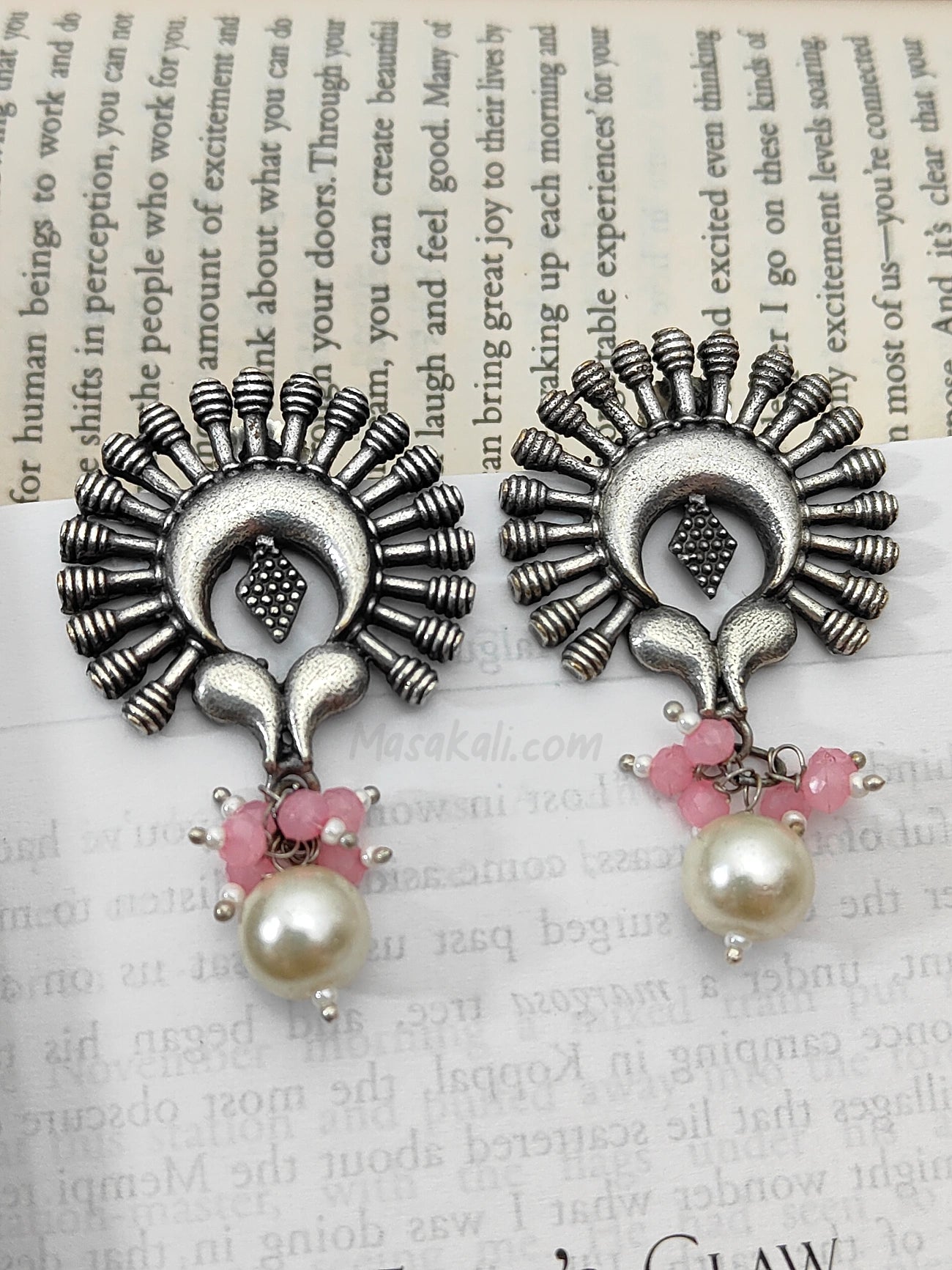 Mor Pankh Earrings, White Pearl Earrings, Peacock Style, Oxidised Earrings, Baby Pink Ghungroo Earrings