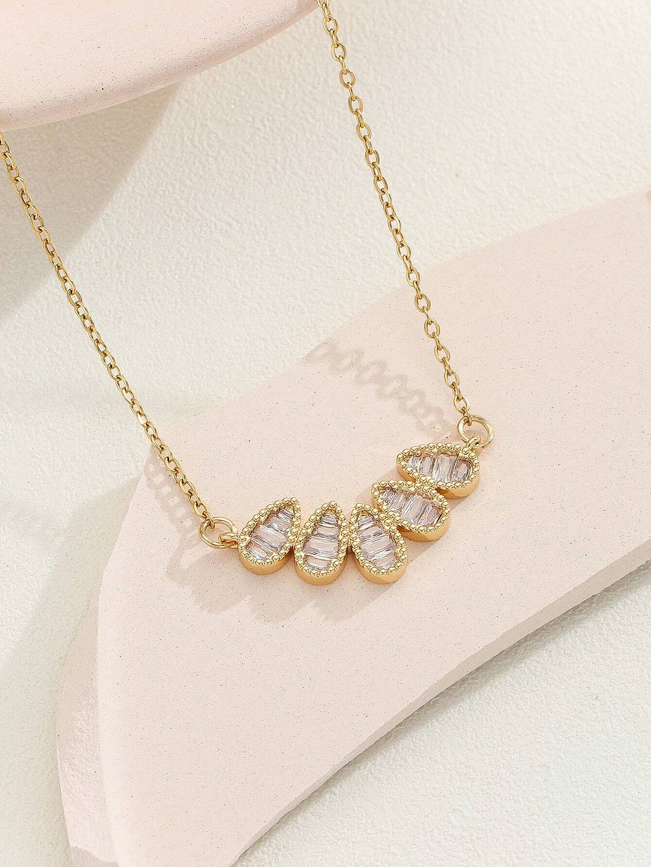 Multi-Tear Drop Baguette Pendant Chain Necklace, Stainless Steel Gold-plated Necklace