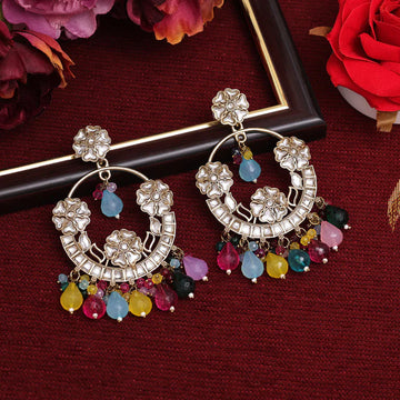 Multicolored Pearl & Kundan Studded Chandbali Earrings