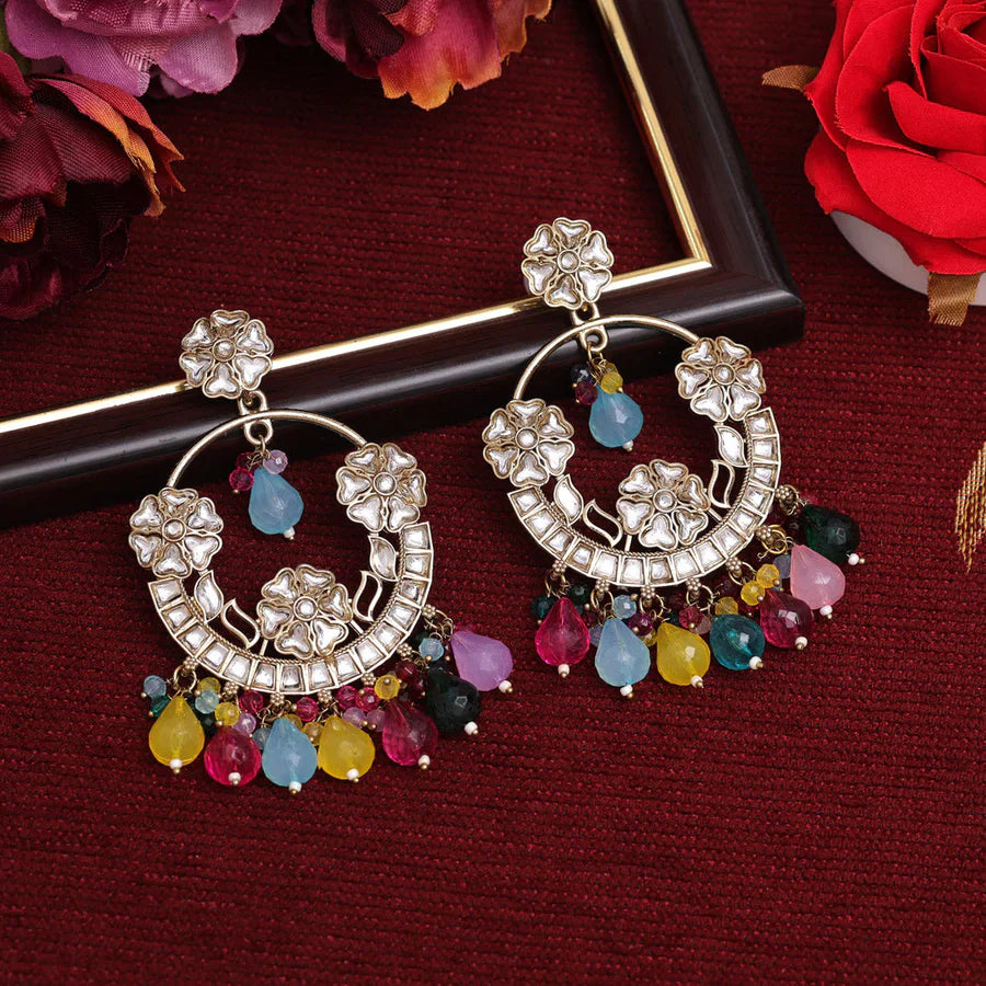 Multicolored Pearl & Kundan Studded Chandbali Earrings