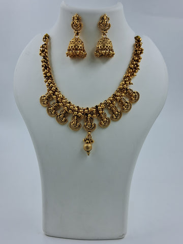 Nakshi Necklace With Jhumka Earrings, Gold-Toned Ganesha Temple Jewellery Set (MJMK1003)