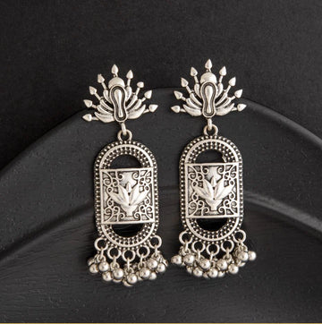 Oxidised Beaded Dangler Earrings, Silver Lookalike Antique Earrings For Women (MTAR1078)