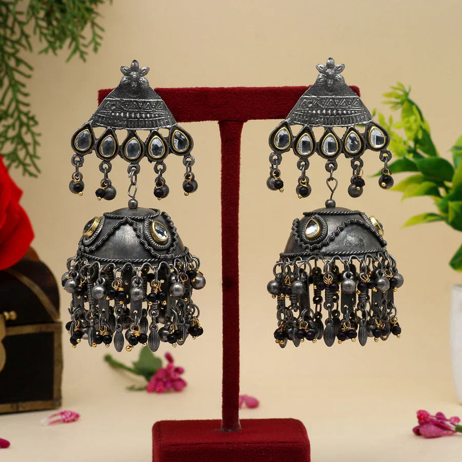 Oxidised Black-Toned Traditional Jhumka Earrings