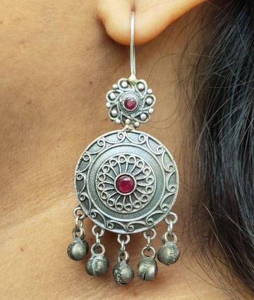 Silver Oxidised Hook Earrings With Ghungroos, Red Stone Studded Dangler Earrings (MDYJ1012)