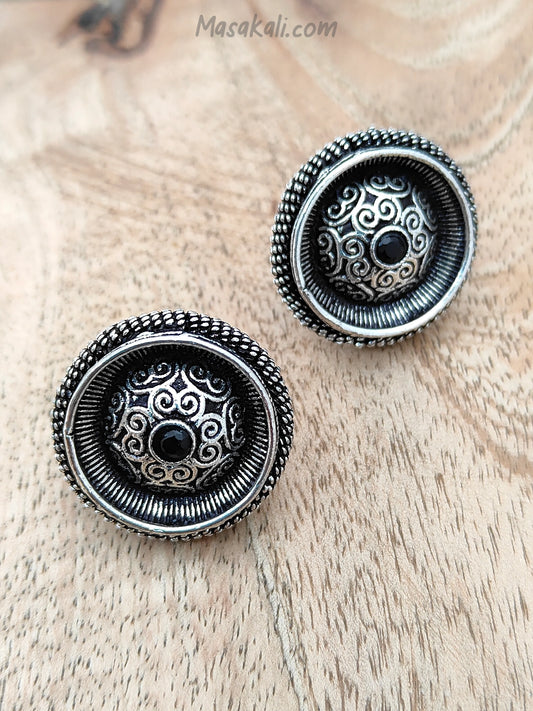 Oxidised Earrings, Black Stone Stud, Antique Silver-toned Earrings For Women (MFUS1006)