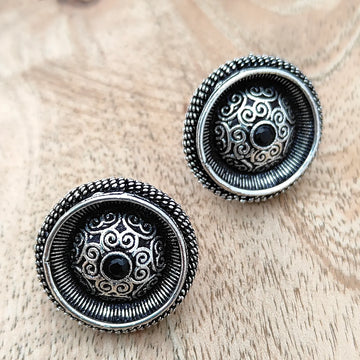 Oxidised Silver Stud Earrings, Black Stone Studded Antique Earrings For Women (MFUS1006)