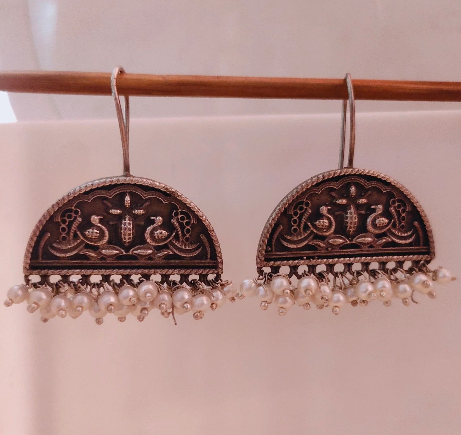 Oxidised Peacock Design Beaded Dangler Earrings
