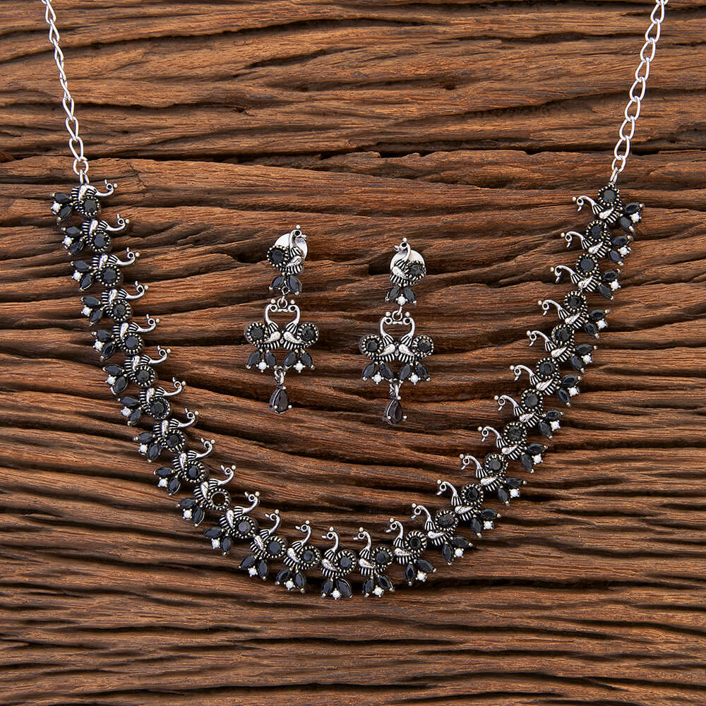 Oxidised Peacock Design Necklace Set, Black