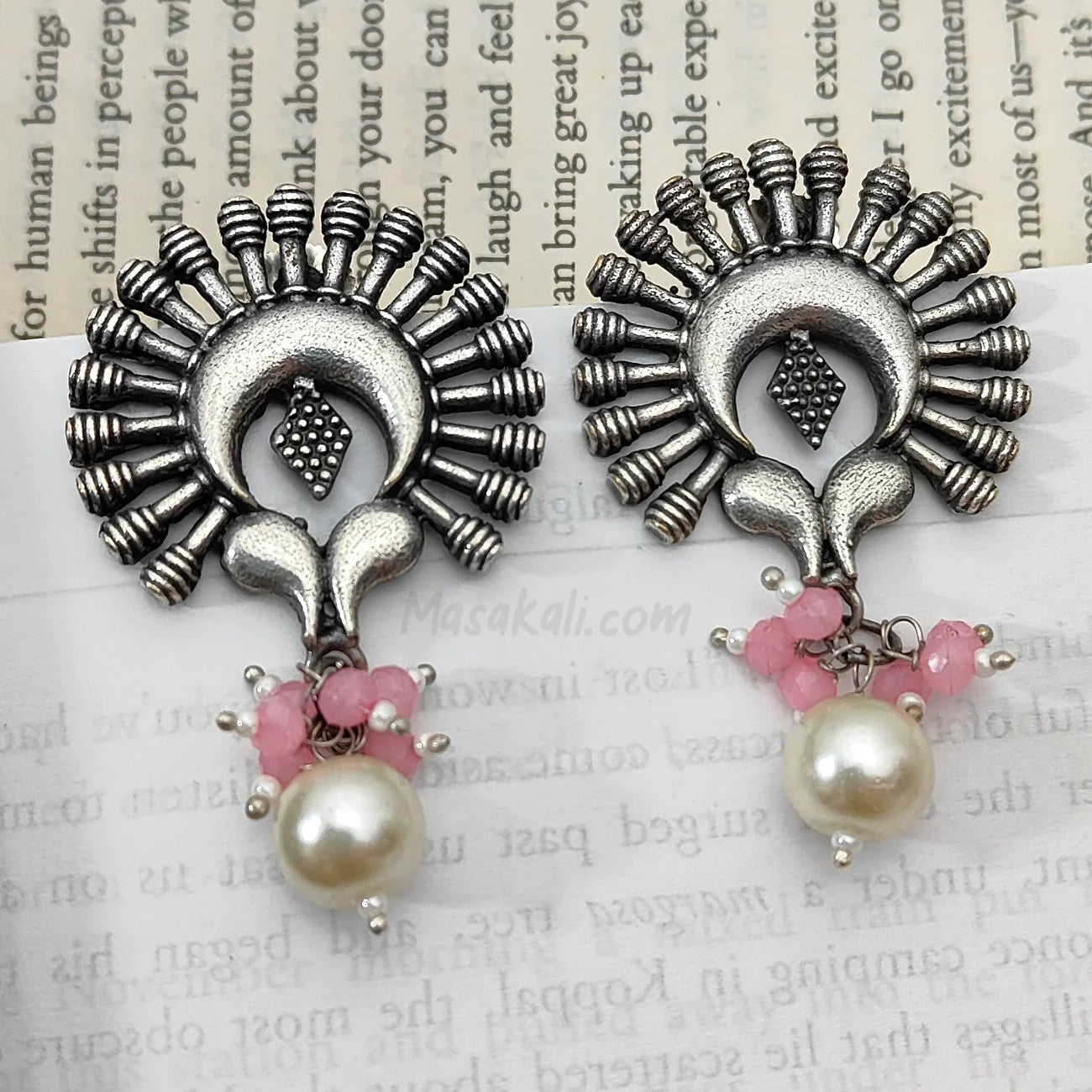 Oxidised Peacock Feather Shaped Beaded Dangler Earrings