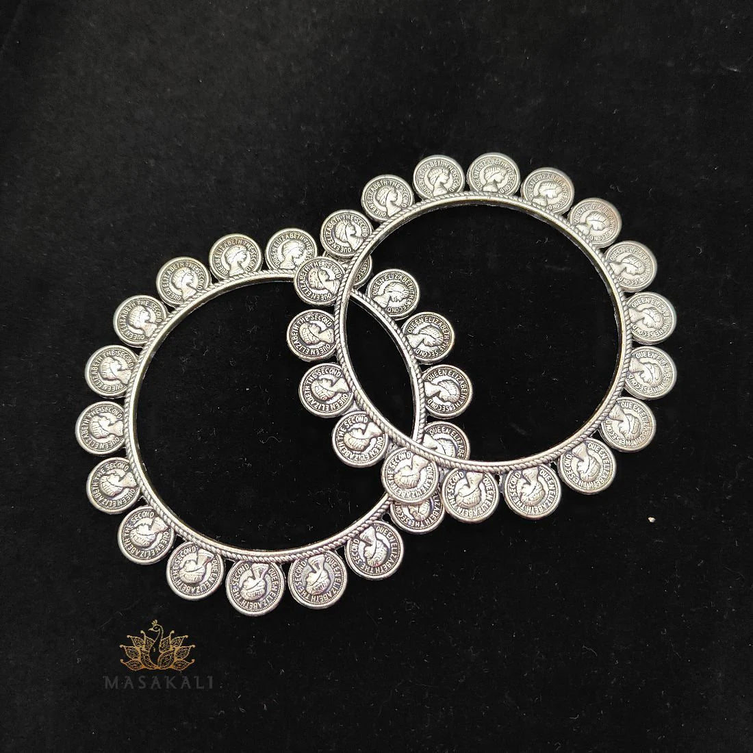 Oxidised Queen Elizabeth Embossed Coin-Shaped Bangles, Set of 2 Kadas (MBAIND7)