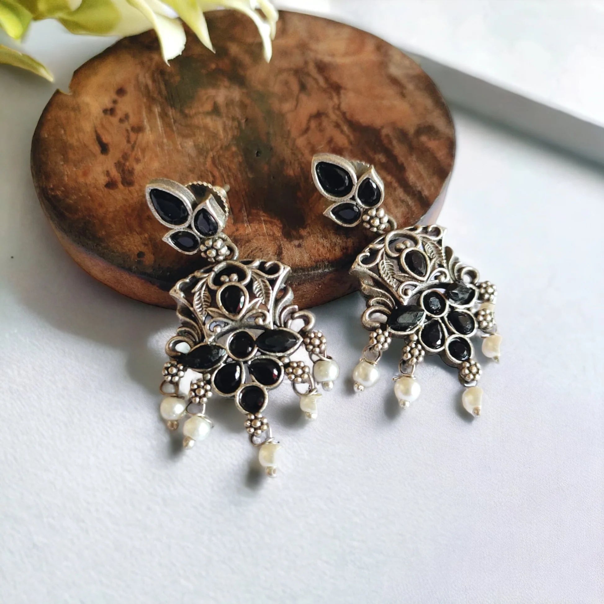 Oxidised Silver-Lookalike Black Stone-Studded Pearl Dangler Earrings