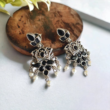 Oxidised Silver-Lookalike Black Stone-Studded Pearl Dangler Earrings