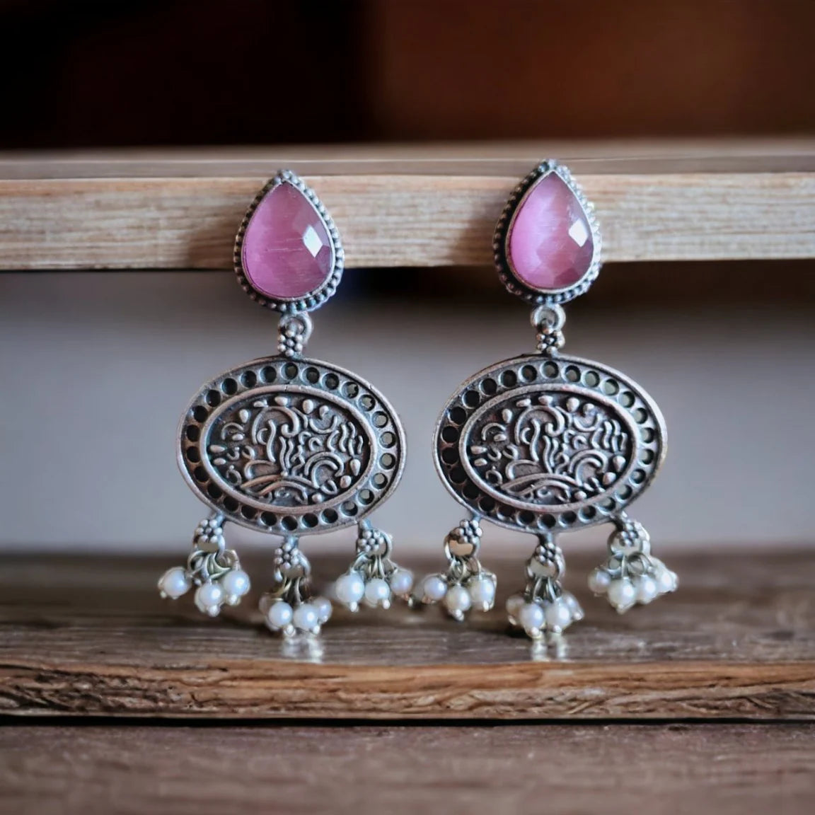Oxidised Silver-Lookalike Pink Stone-Studded Pearl Dangler Earrings
