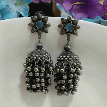 Oxidised Silver-Plated Afghani Mirror Jhumka Dangler Earrings