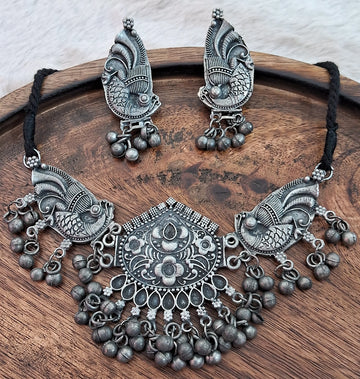 Oxidised Silver-Plated Antique Choker With Earrings