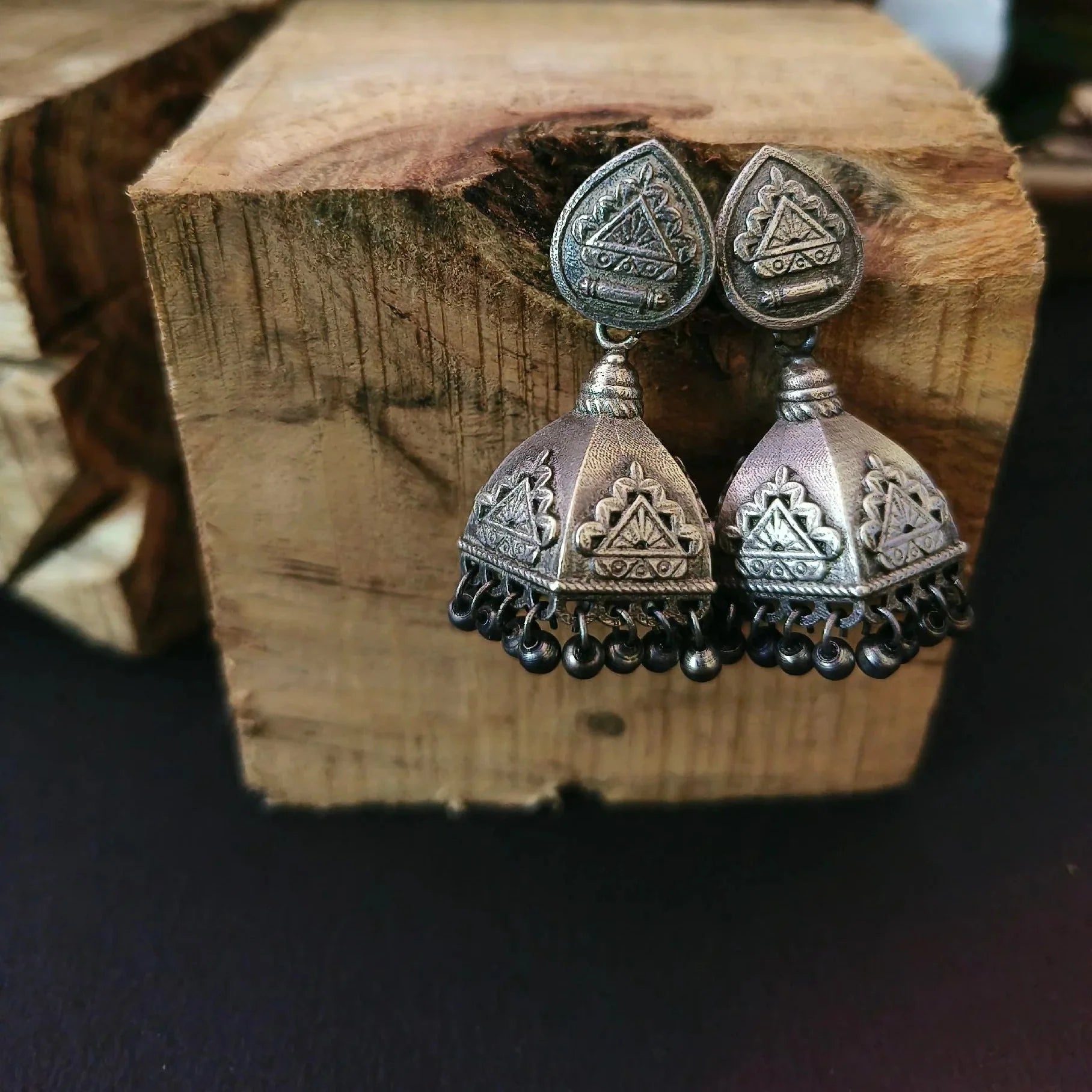 Oxidised Silver-Plated Antique Jhumka Dangler Earrings