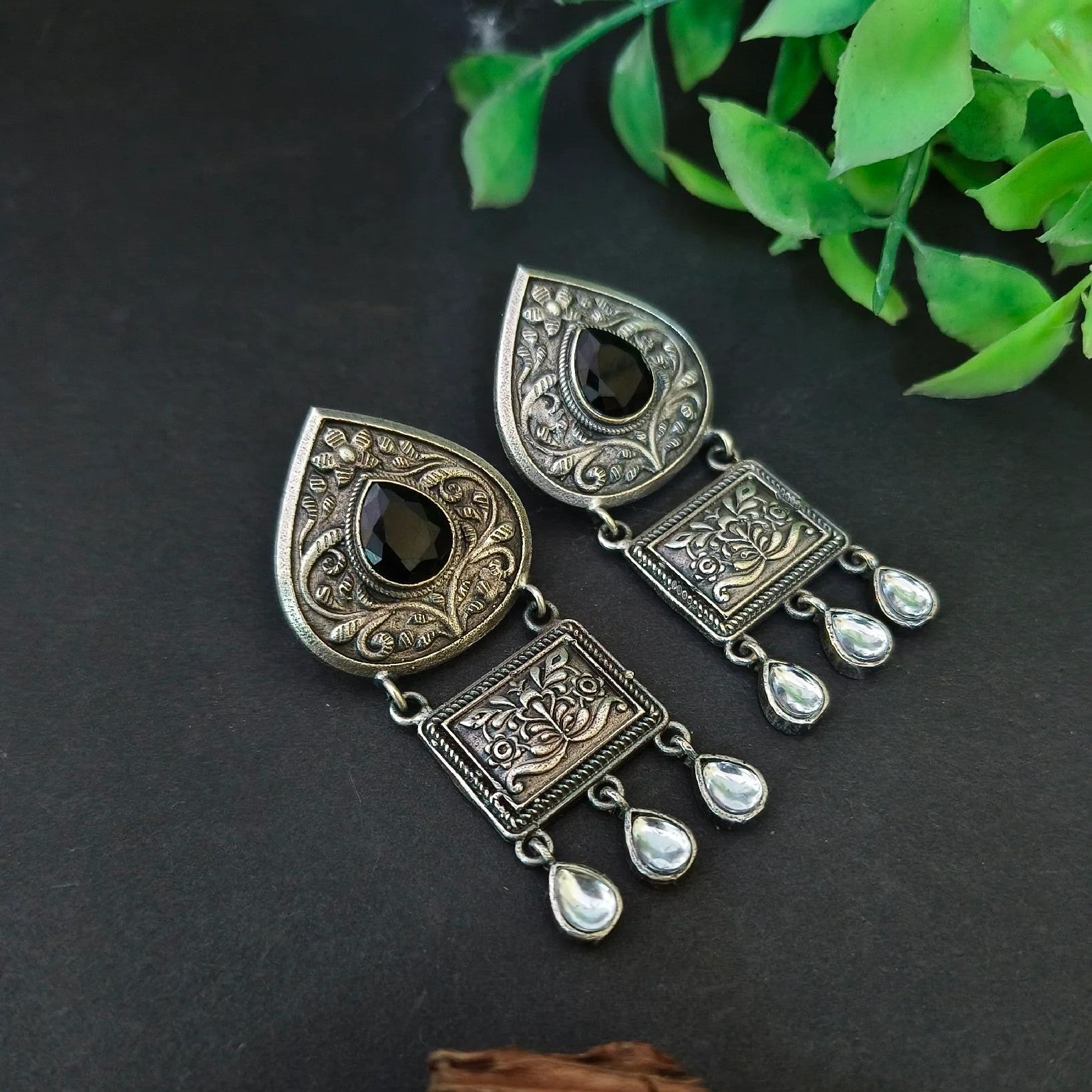 Oxidised Silver-Plated Antique Stone-Studded Dangler Earrings