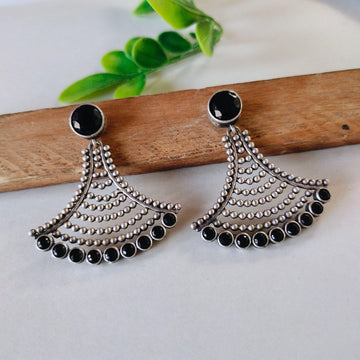 Oxidised Silver-Plated Black Stone-Studded Dangler Earrings