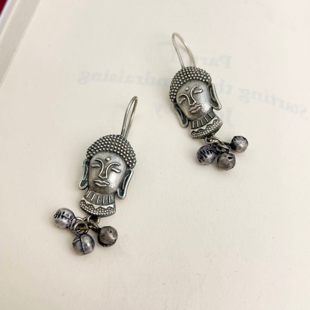 Oxidised Silver-Plated Buddha Face Earrings