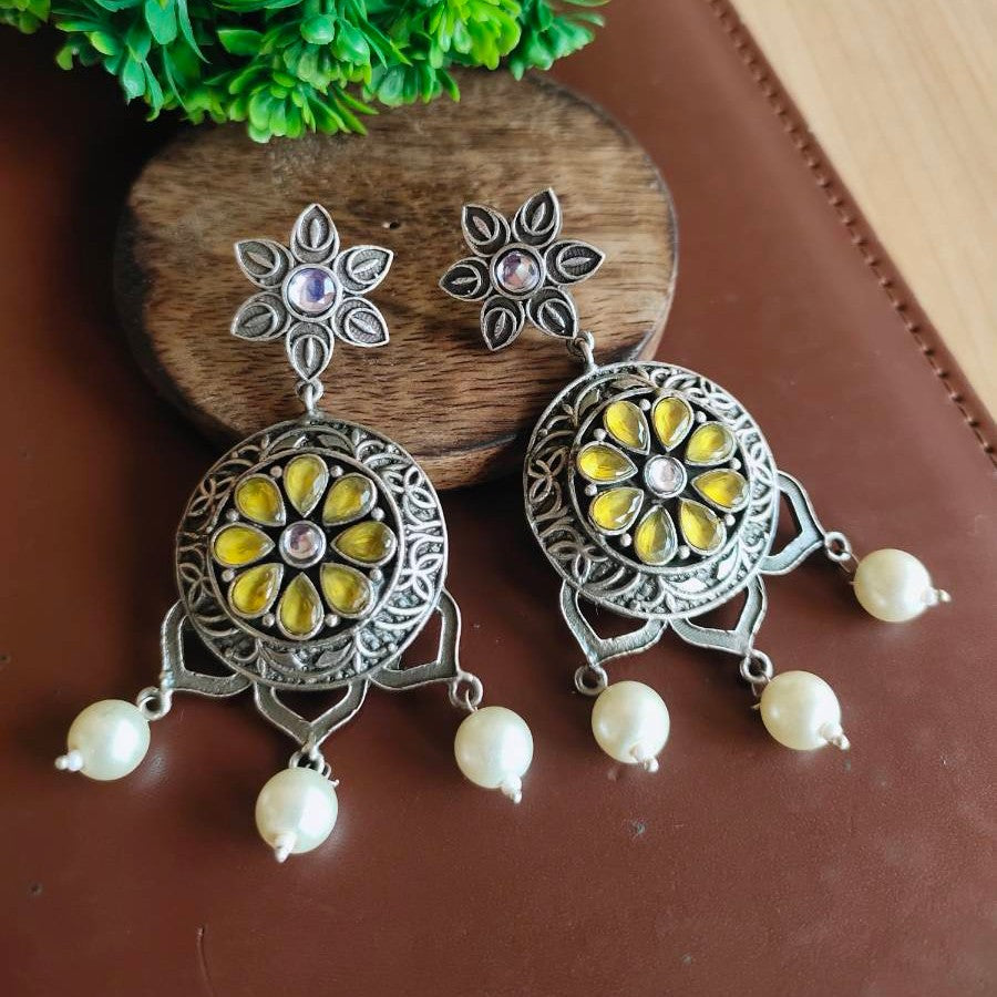 Oxidised Silver-Plated Green Stone-Studded Dangler Earrings