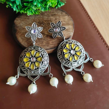 Oxidised Silver-Plated Green Stone-Studded Dangler Earrings