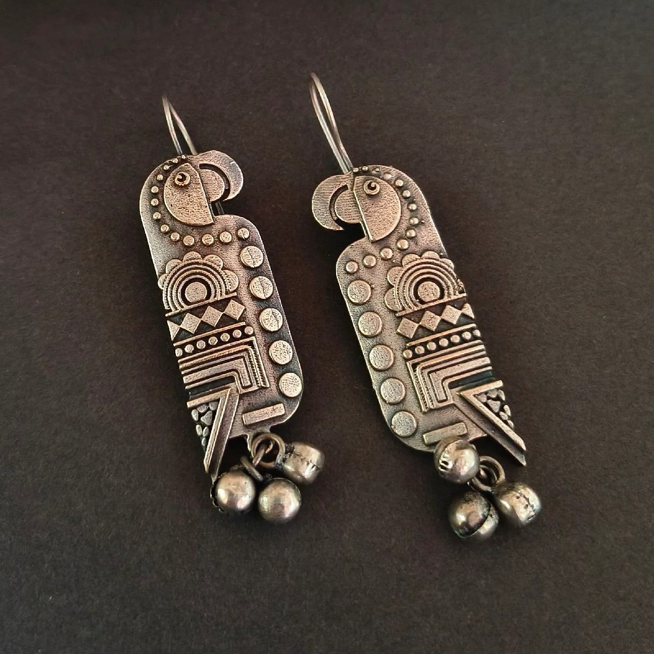 Oxidised Silver-Plated Parrot Design Drop Earrings
