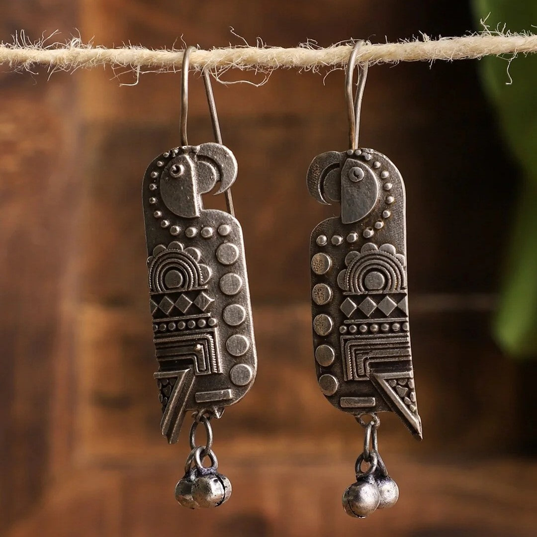 Oxidised Silver-Plated Parrot Design Drop Earrings