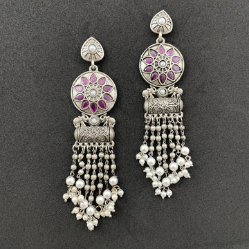 Oxidised Silver-Plated Stone-Studded Beaded Festive Dangler Earrings