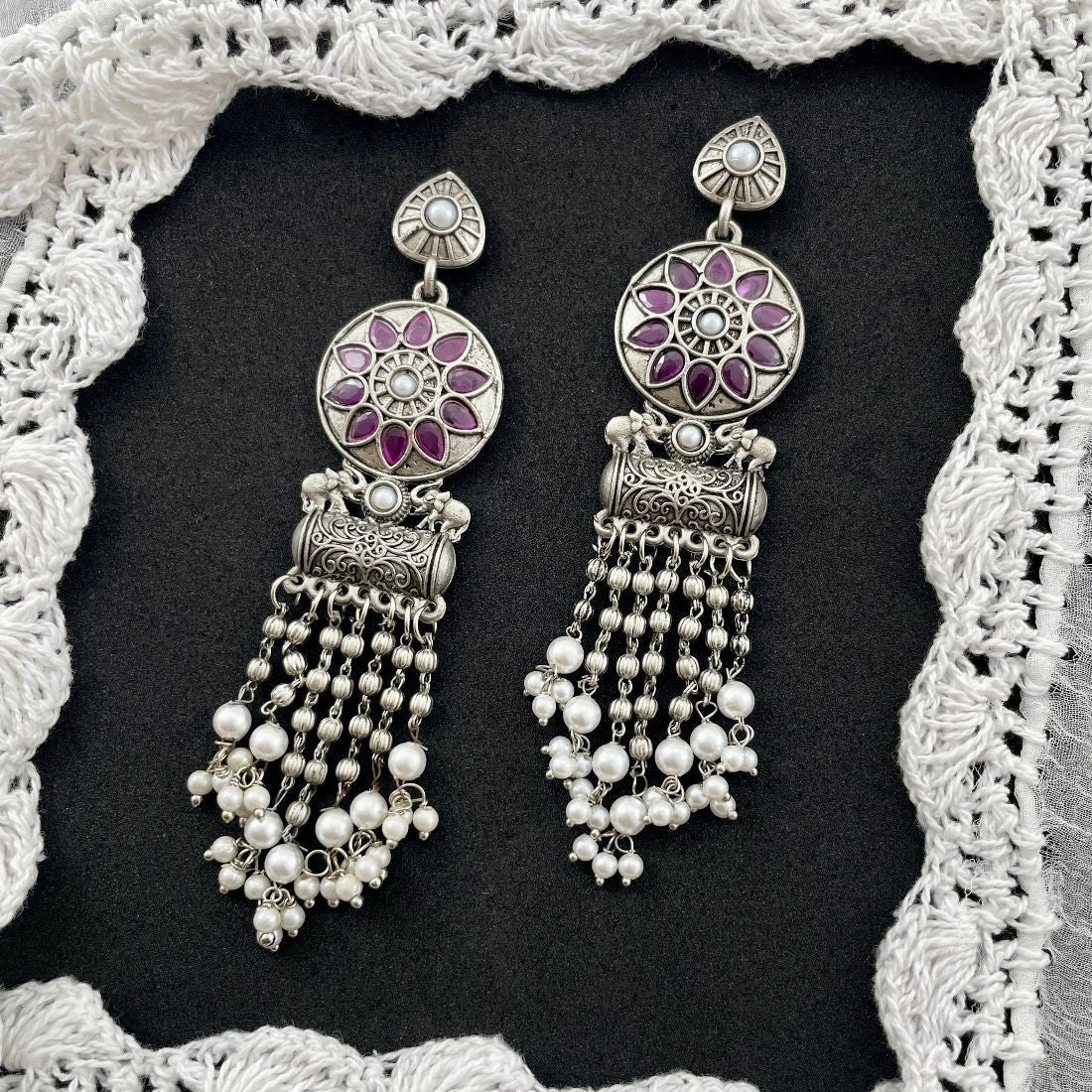 Oxidised Silver-Plated Stone-Studded Beaded Festive Dangler Earrings